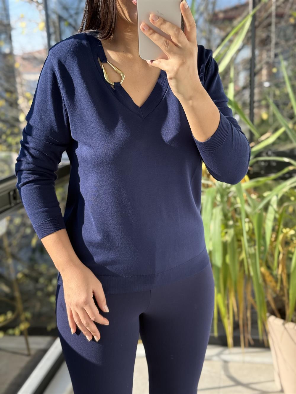 Aksesuar Yaka Detaylı Merserize Triko Lacivert