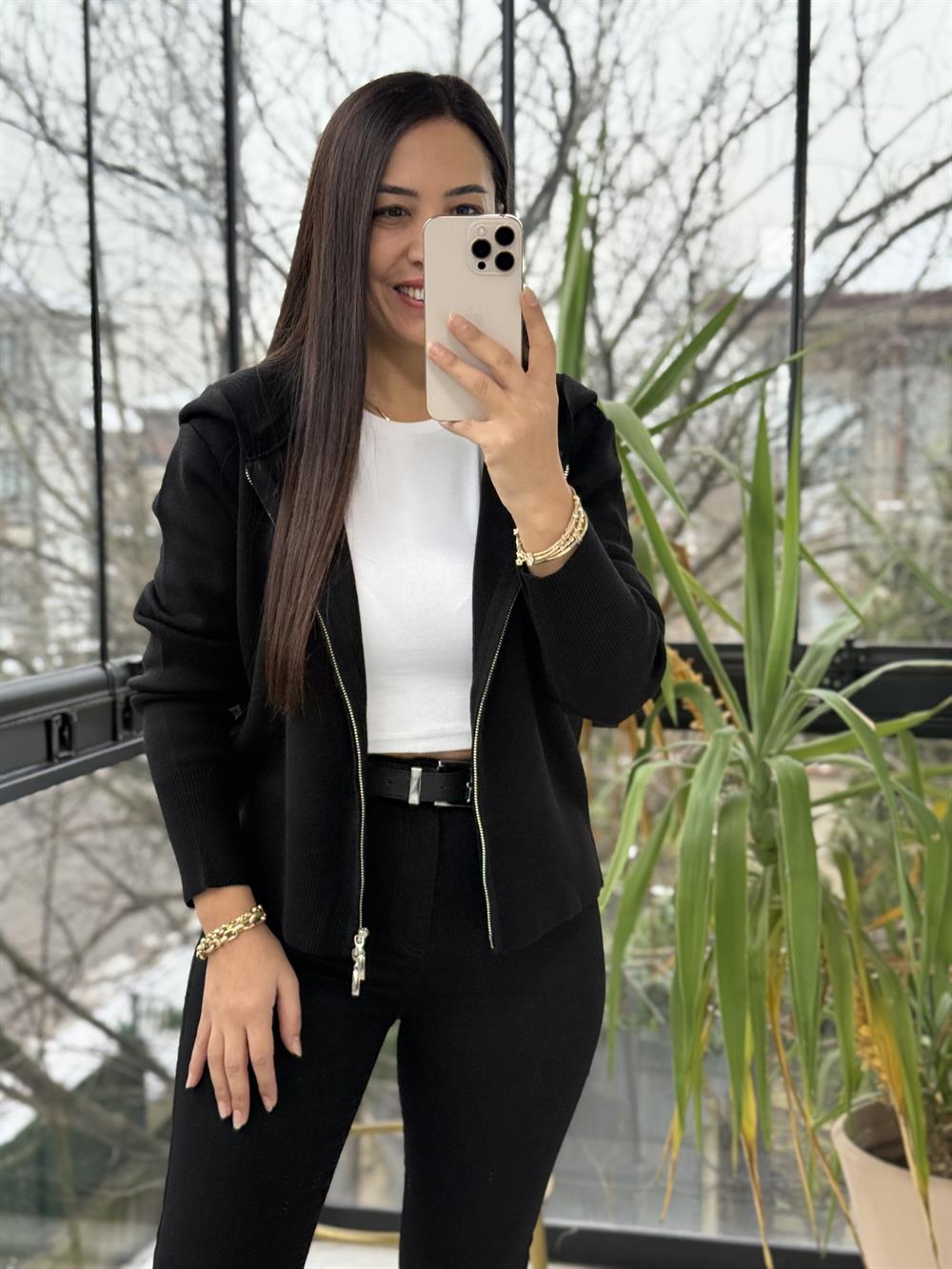 Çift Fermuarlı Kapüşonlu Yumoş Basic Hırka Siyah