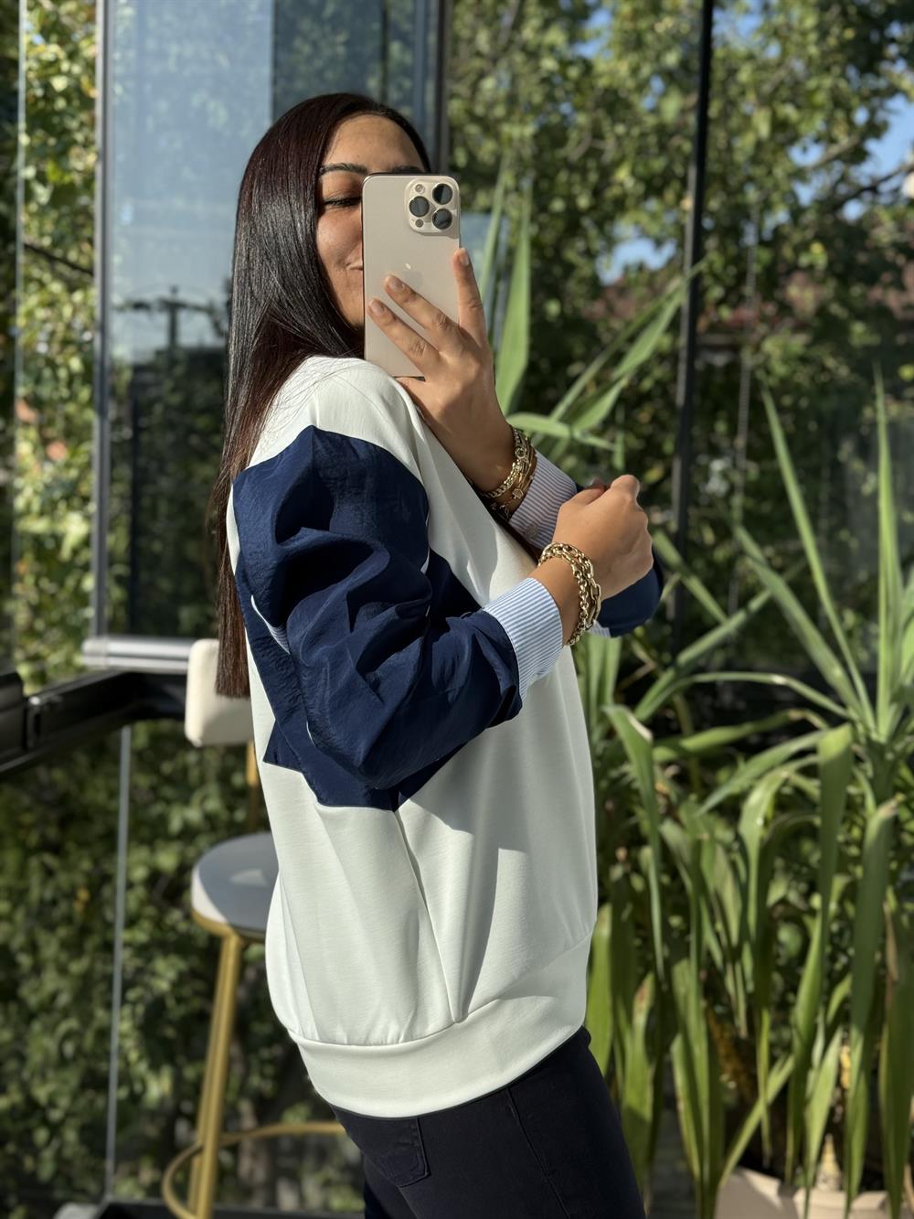 Colourblock Kol Sweatshirt Beyaz