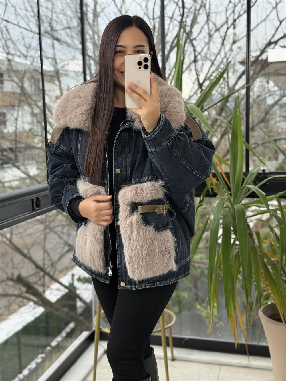 İthal Cebi Ve Yakası Kürk Kot Mont Lacivert