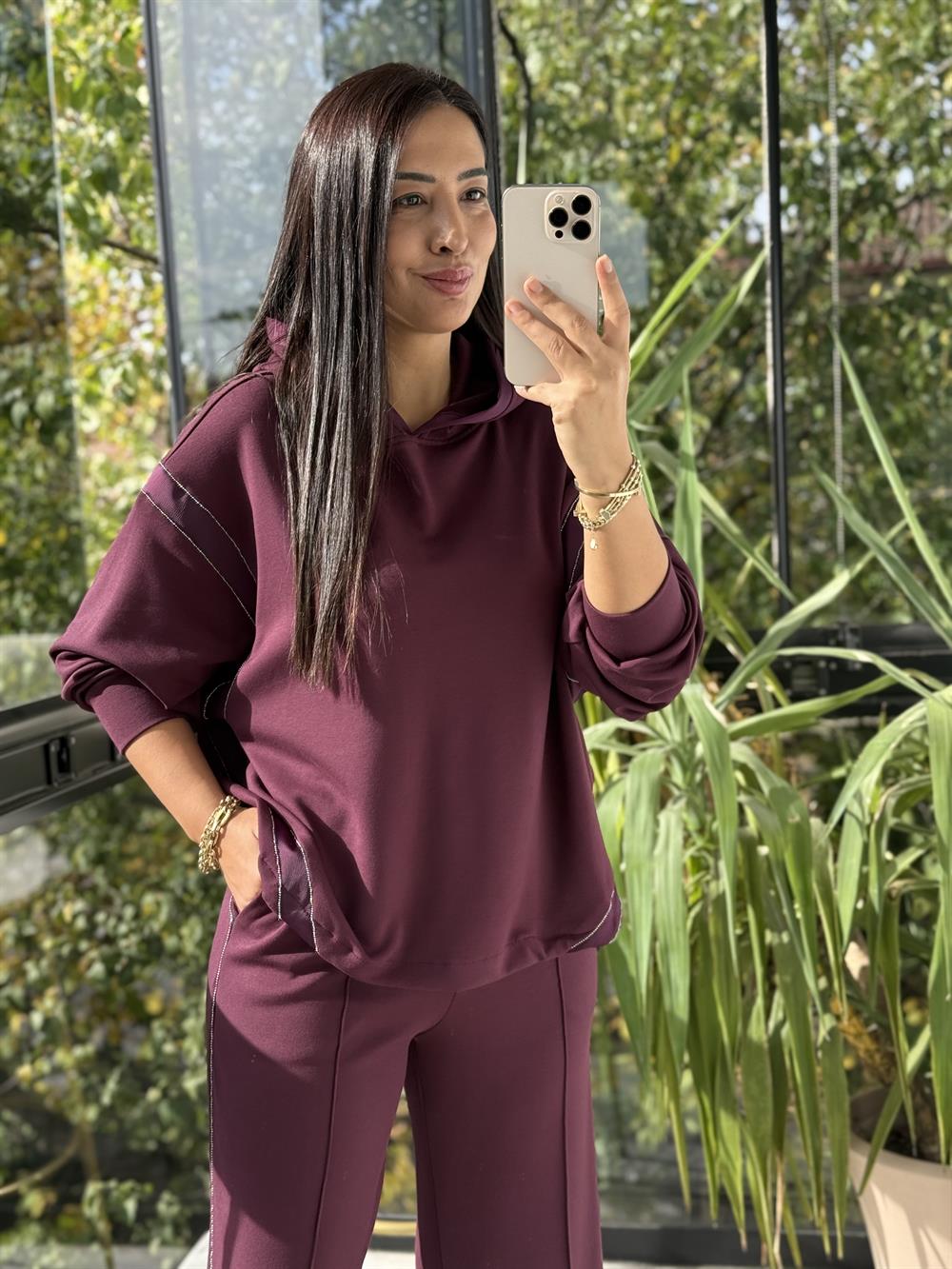 Taşlı Şeritli Takım Mürdüm