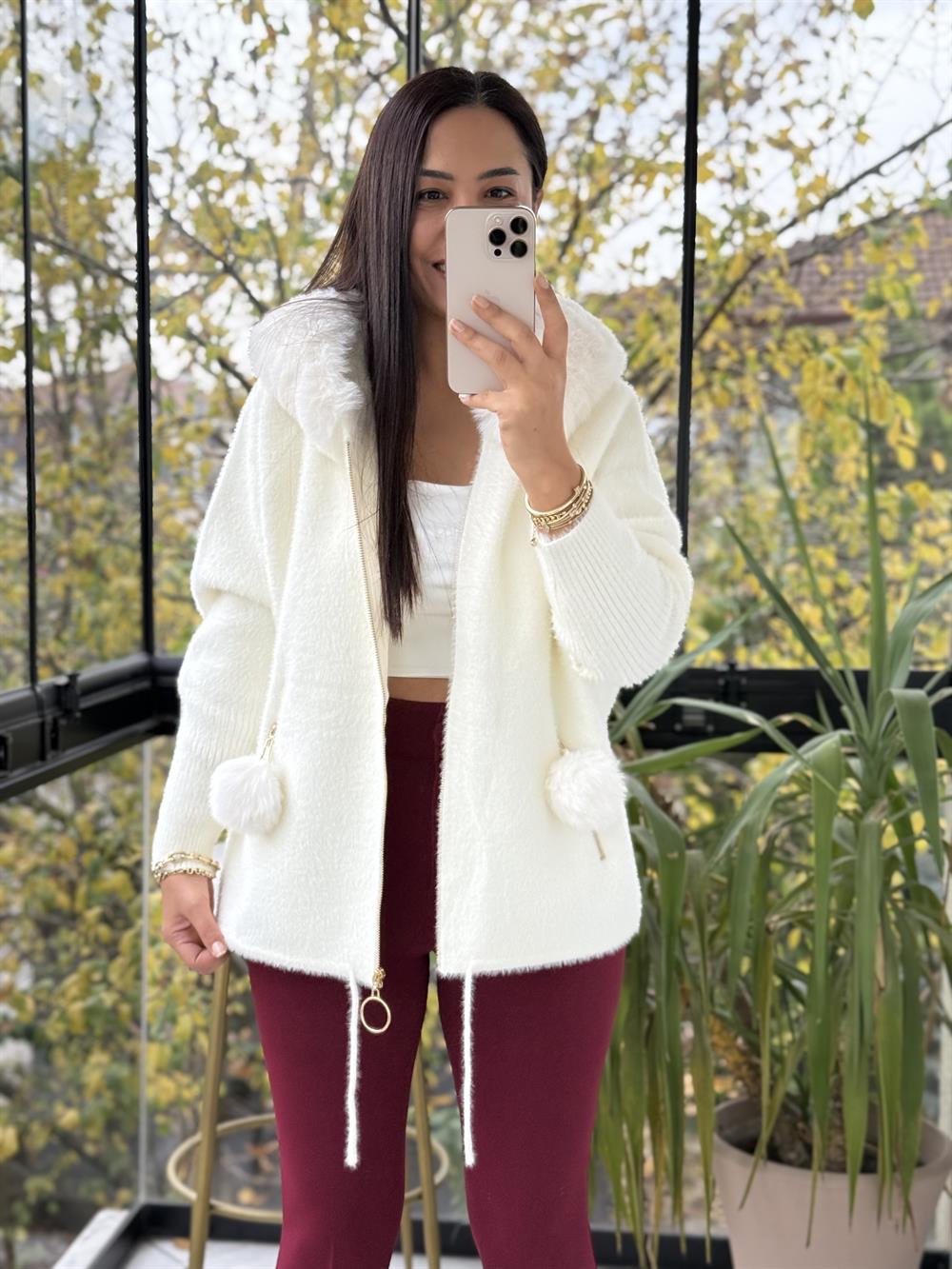 İthal Ponponlu Angora Hırka Ekru