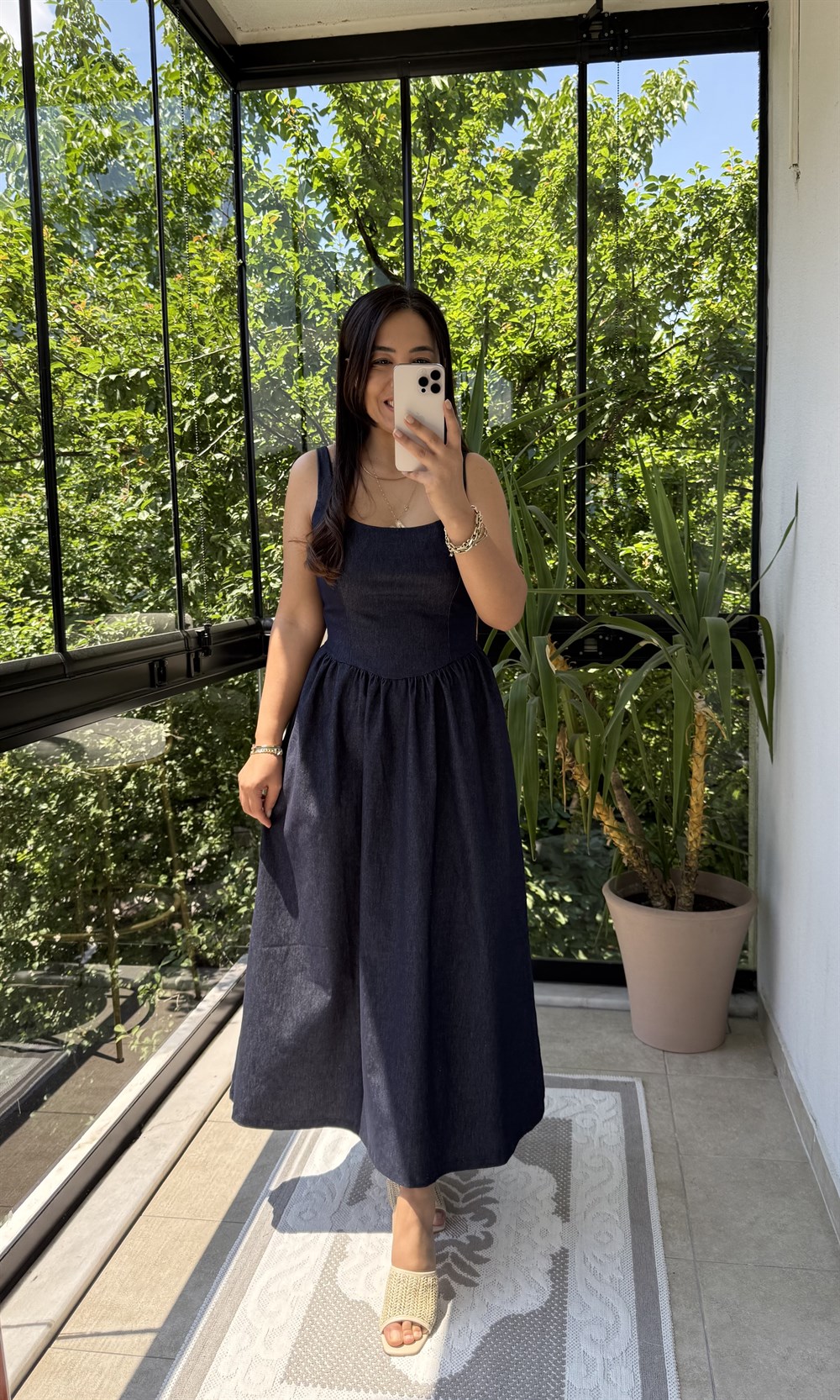 Askılı Prenses Denim Elbise Slaplı Lacivert