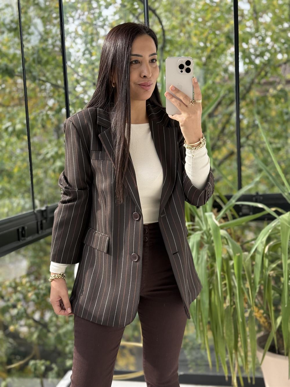 İki Düğmeli Çizgili Yün Blazer Ceket Kahve