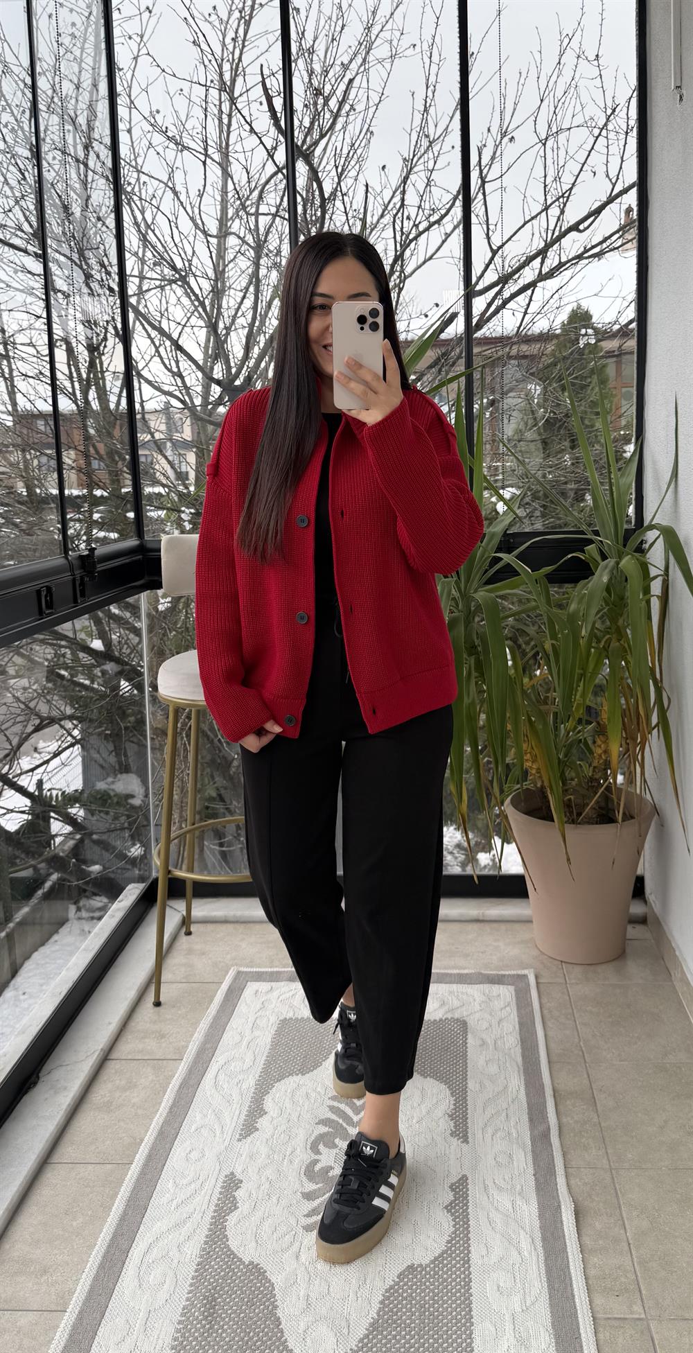 Düğmeli Selanik Örgü Ceket Hırka Kırmızı