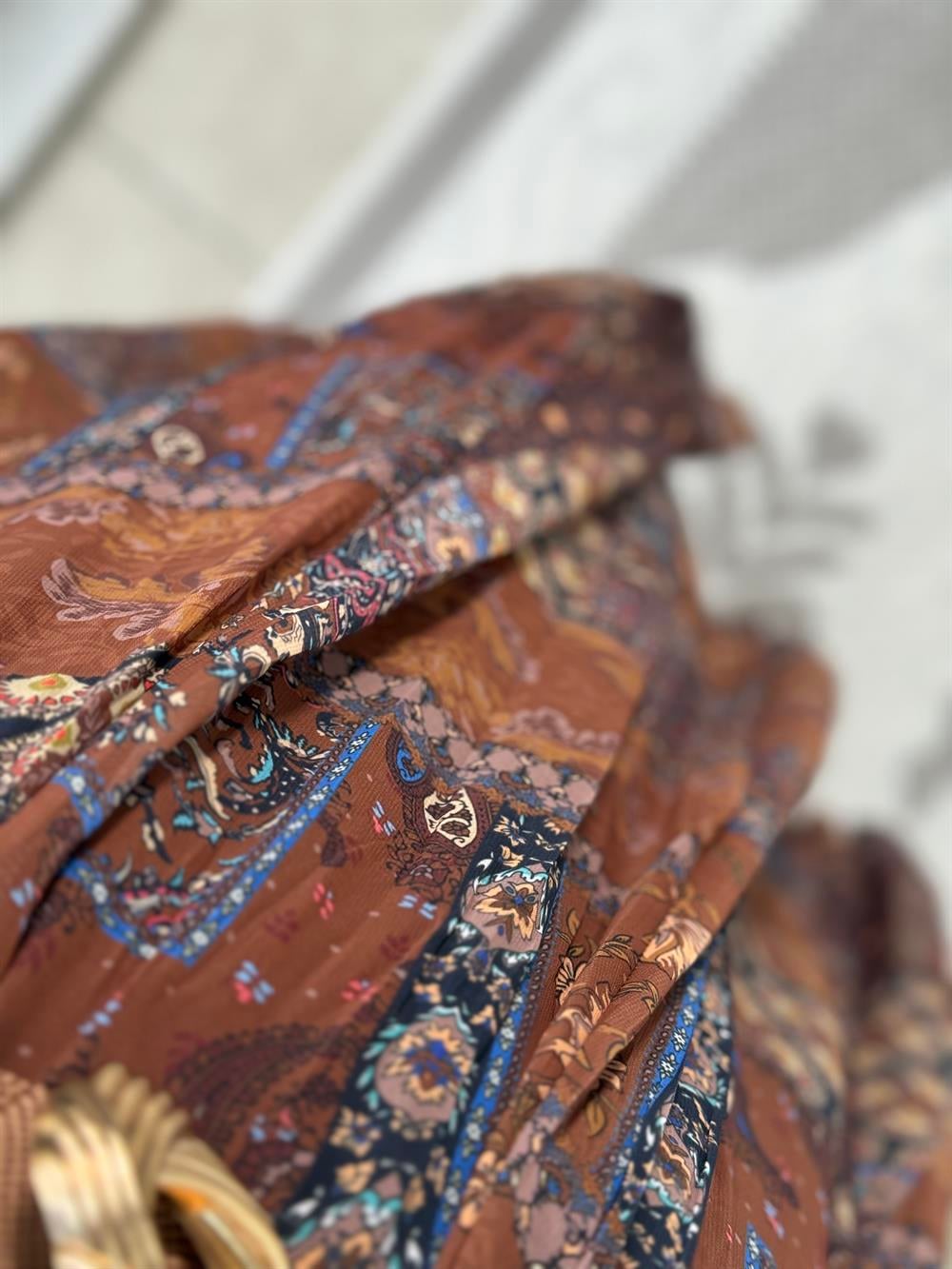 Etnik Desen Asimetrik Kesim Etek Kahve