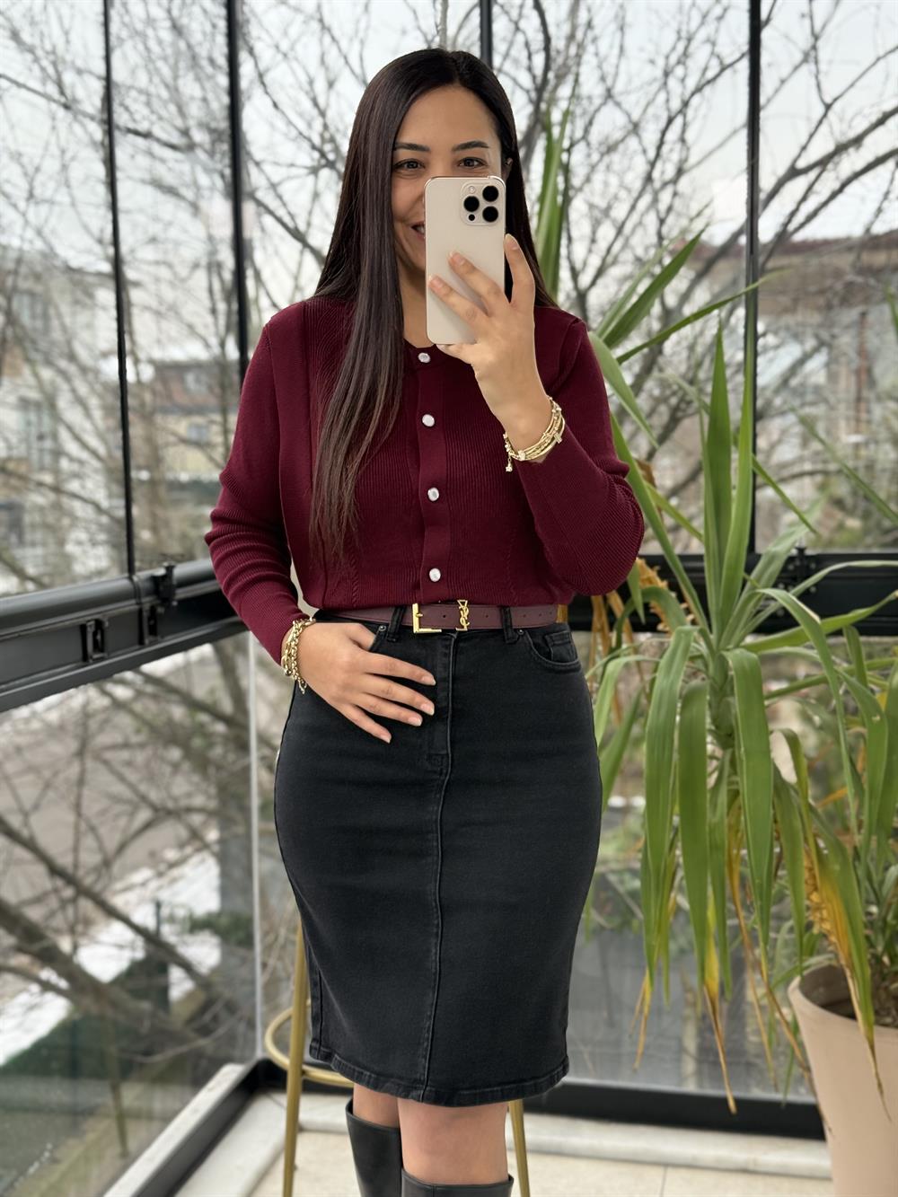 Triko Detaylı Bluz Bordo