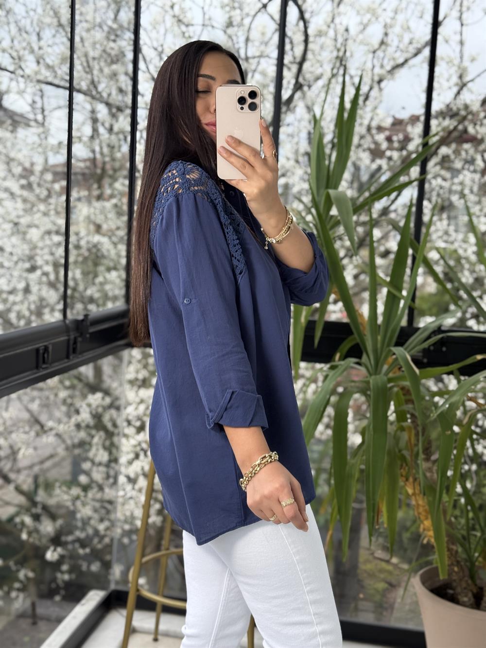 Omuz Dantel Detaylı Natural Gömlek İndigo Mavi