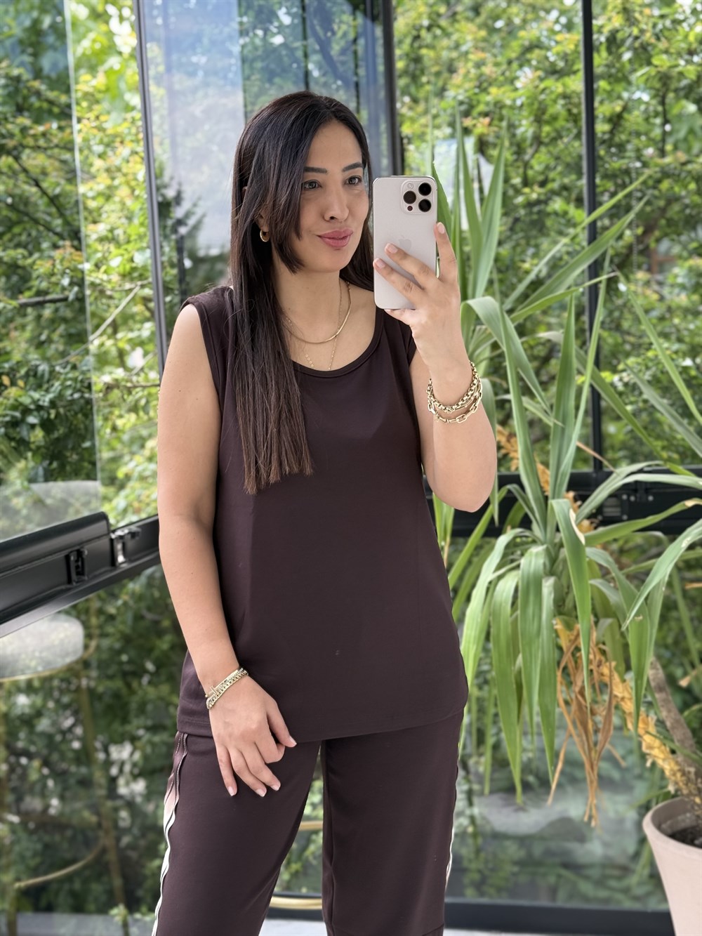 Oysh Şeritli 3lü Fileli Takım Kahve