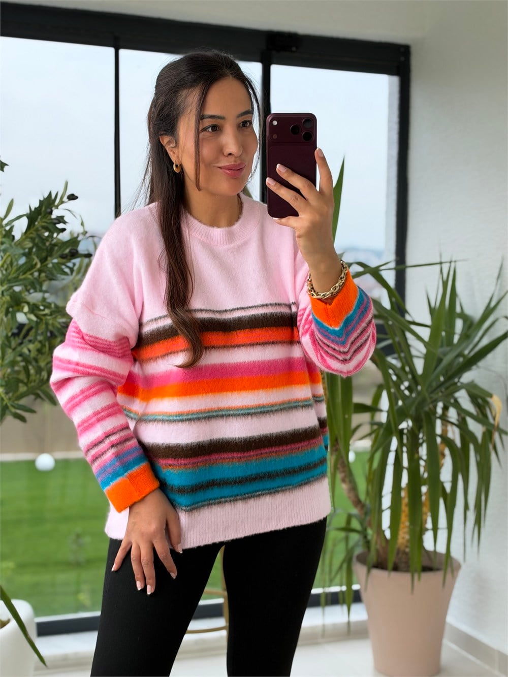Renk Çizgili Yumoş Kazak Pembe