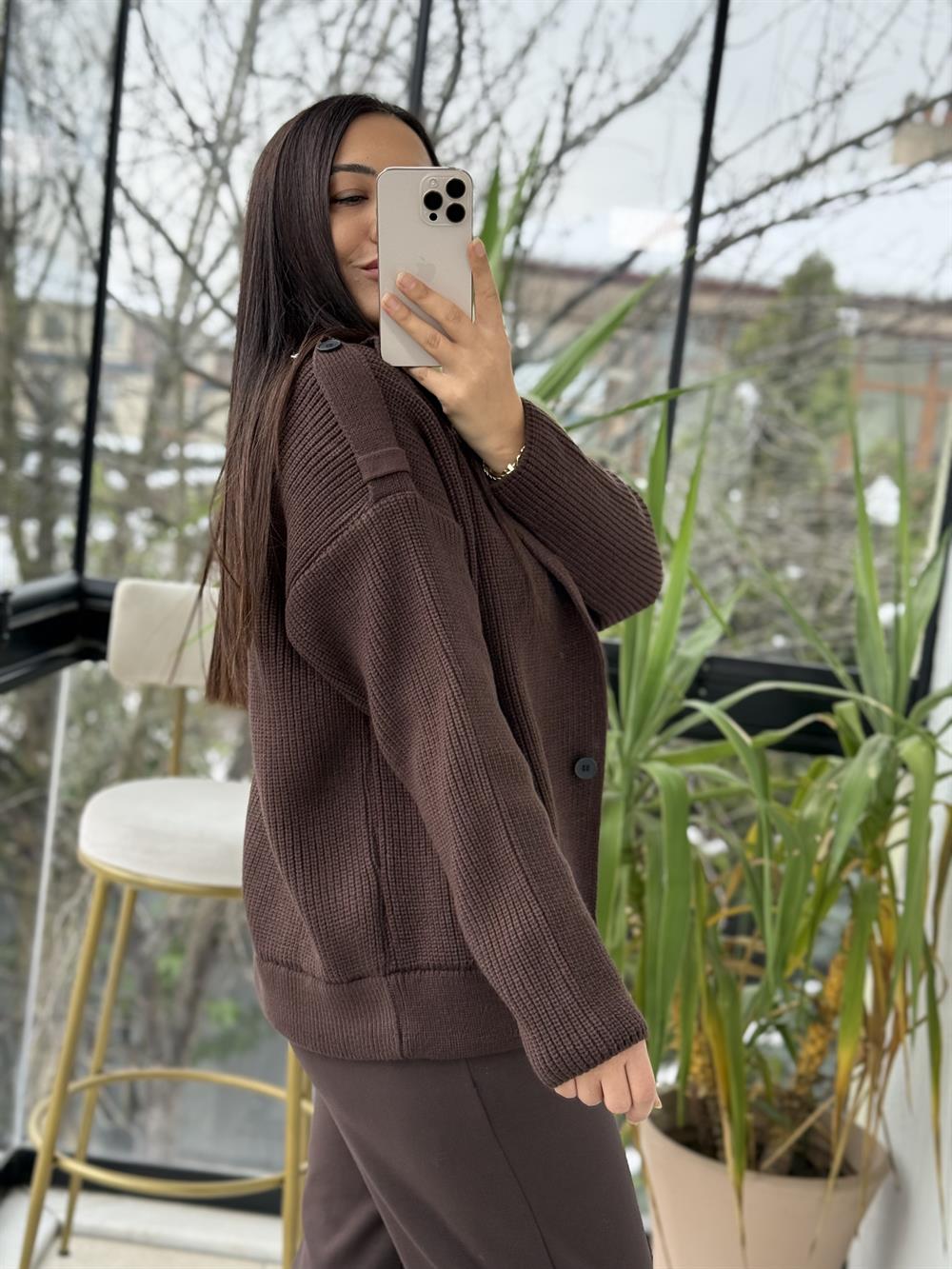 Düğmeli Selanik Örgü Ceket Hırka Kahve