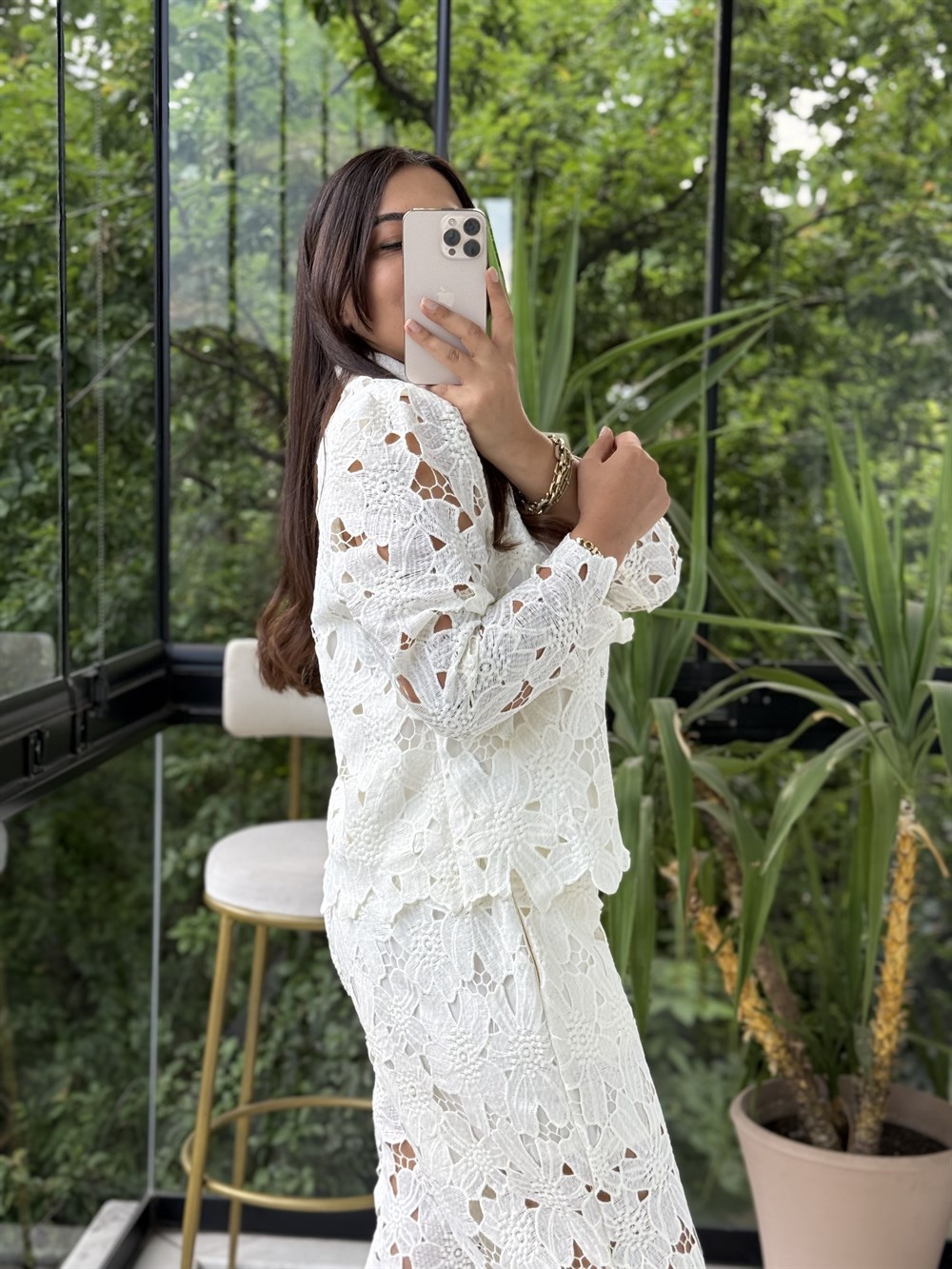 Güpür Detaylı Gömlekli Pantolon Takım Natural