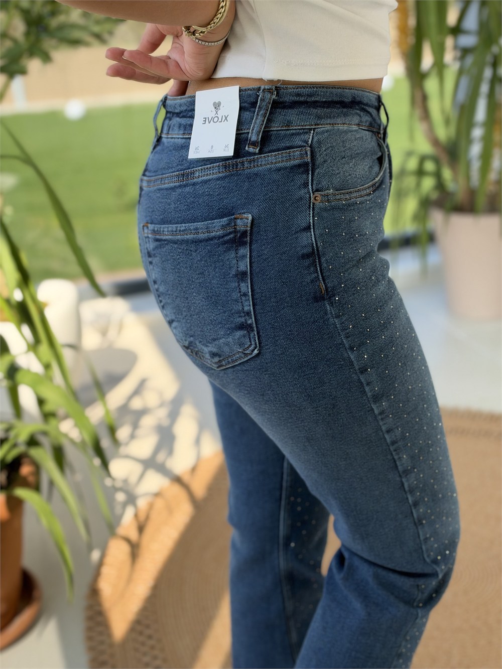 Serpme Taşlı Relax Kot Pantolon Koyu Lacivert