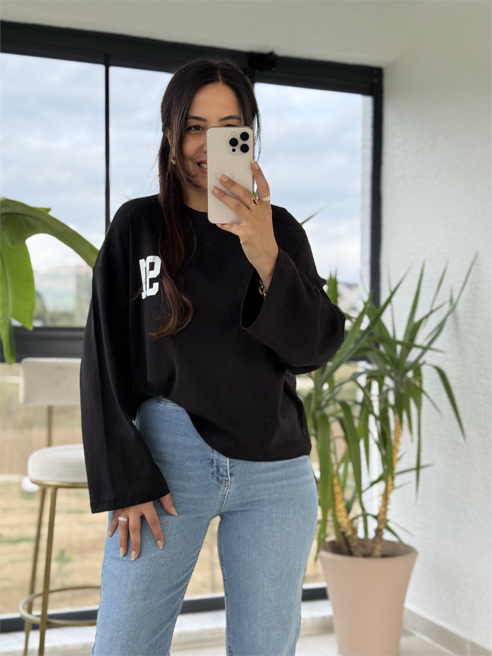 91 Baskılı Basic Sweatshirt Siyah