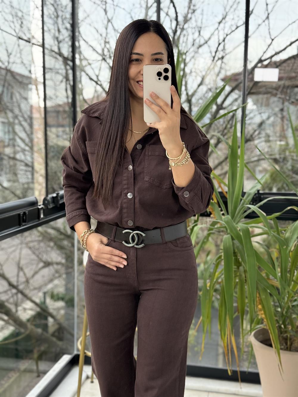 Beli Büzgülü Klasik Kot Tulum Kahve