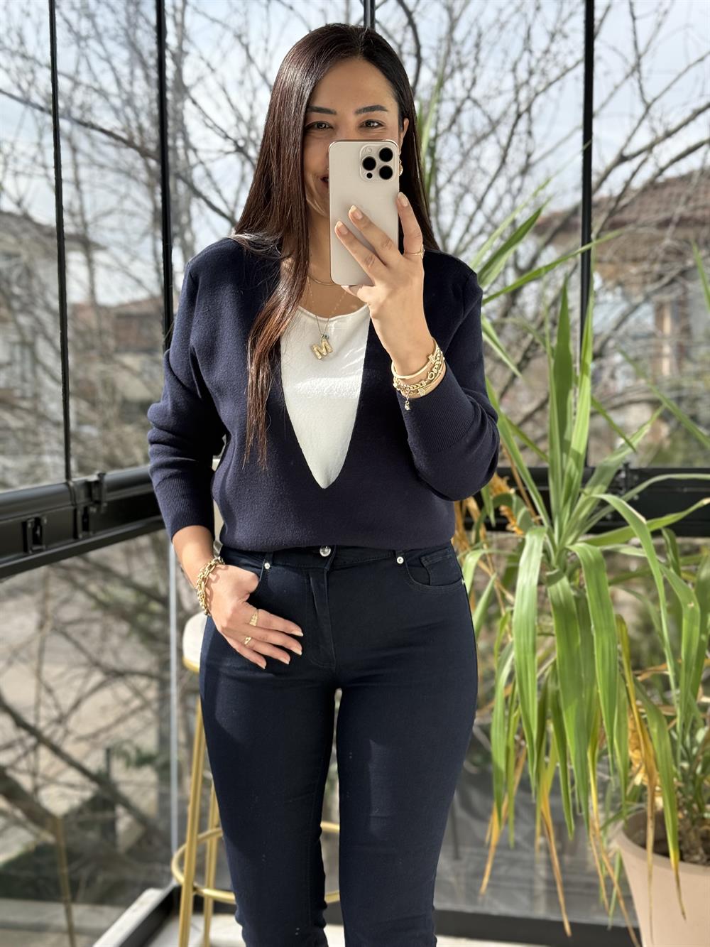 Çift Parça Görünümlü Triko Lacivert