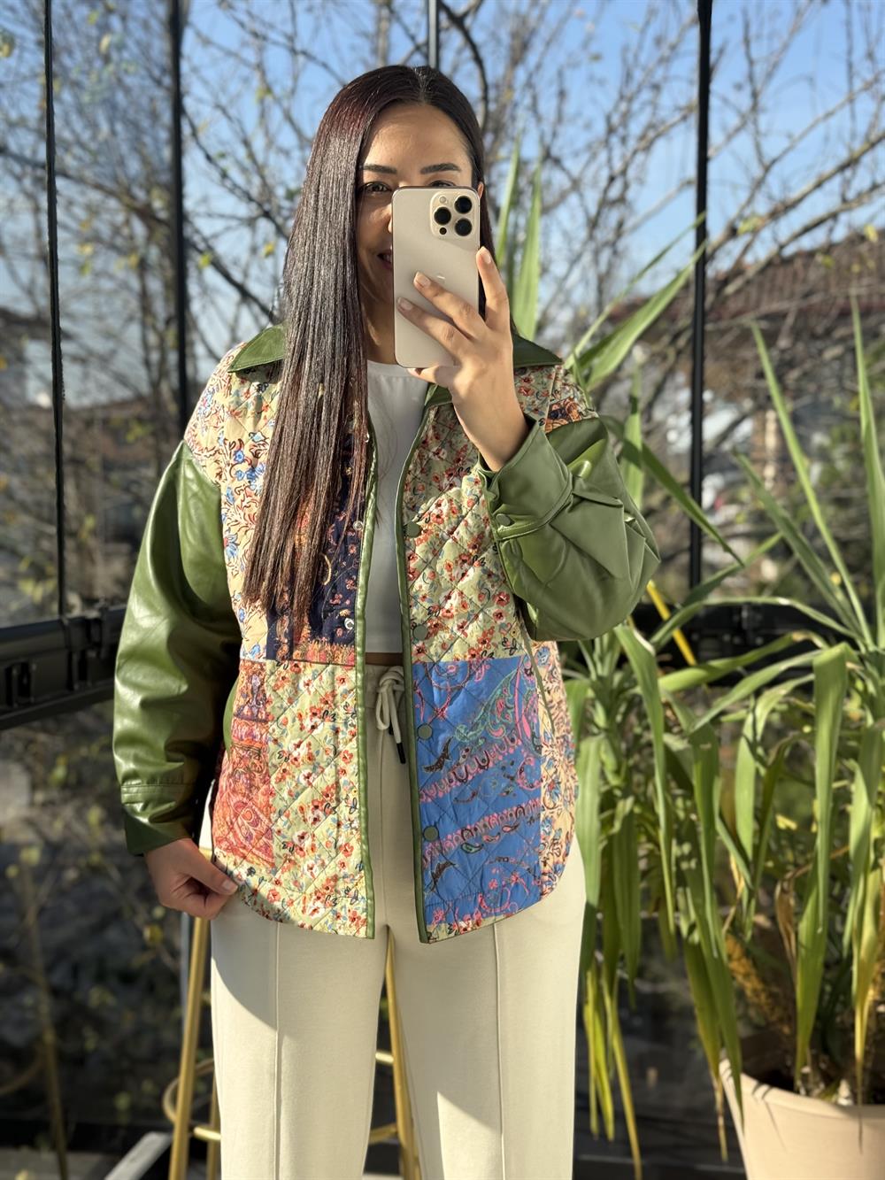 Deri Garnili Kapitone Ceket Yeşil