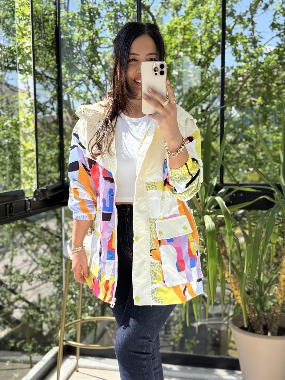 Desen Parçalı Yağmurluk Lila