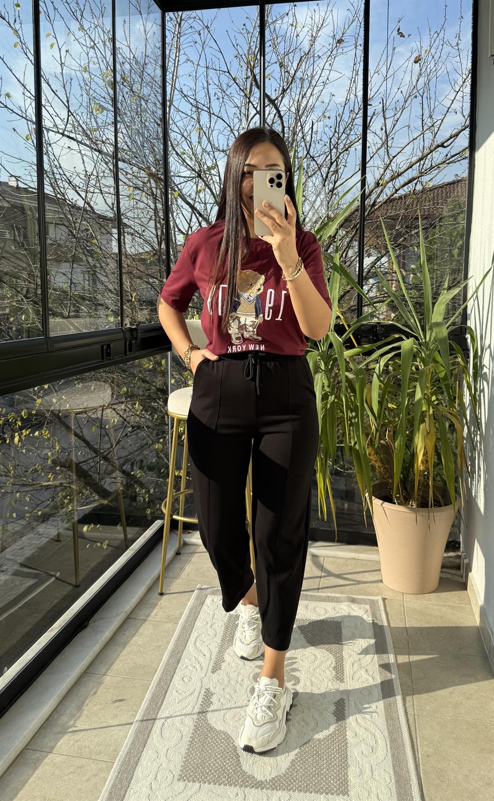 Newyork Yazılı İşlemeli Basic Tişört Bordo