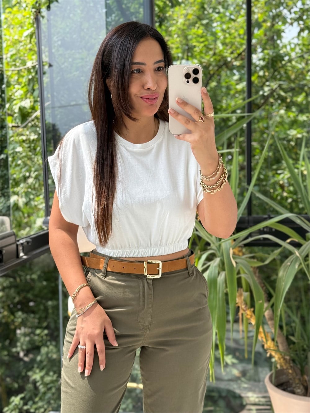 Beli Lastikli Crop Tişört Ekru
