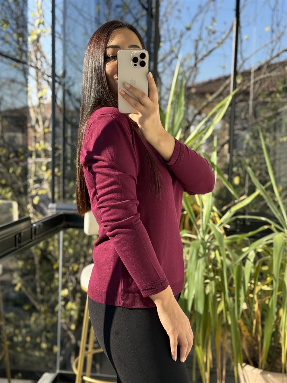 Tül Yaka Detaylı Merserize Triko Mürdüm