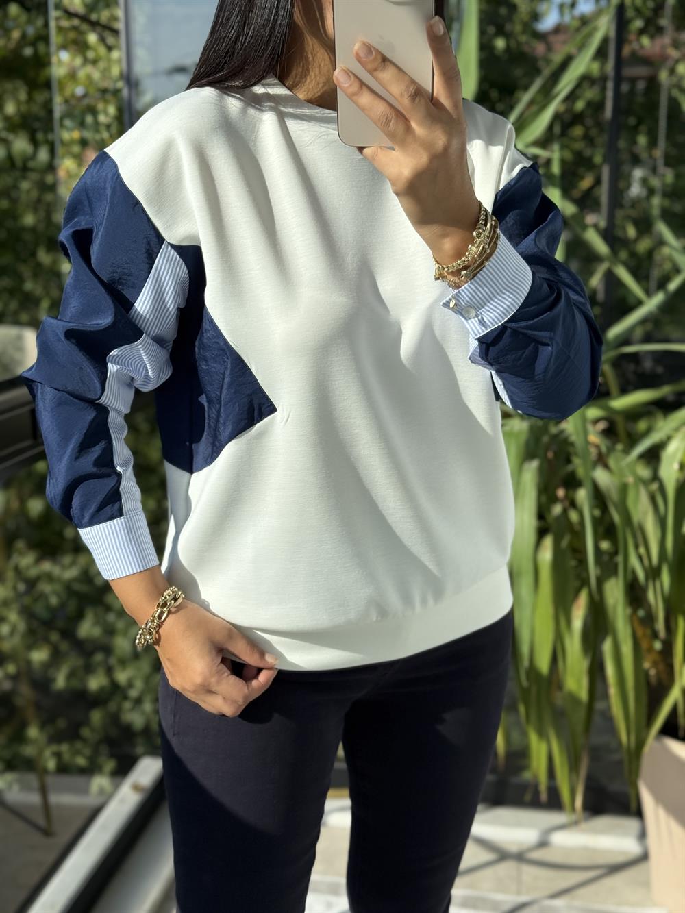 Colourblock Kol Sweatshirt Beyaz