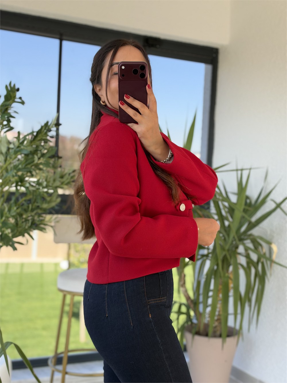 Çapraz Yaka Kaşe Ceket Kırmızı