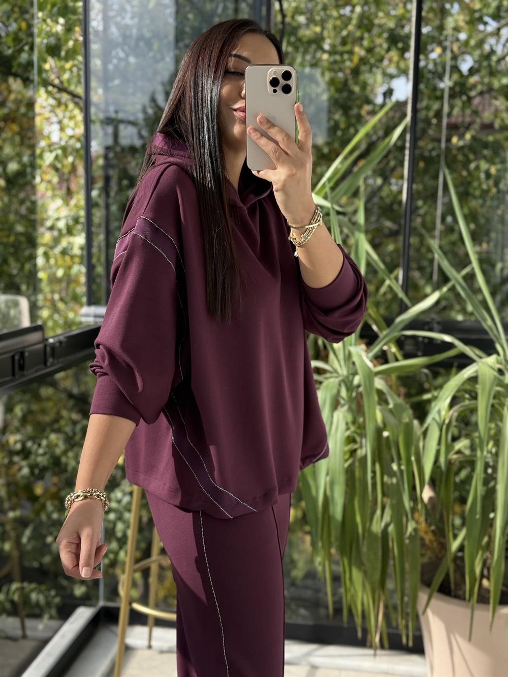 Taşlı Şeritli Takım Mürdüm