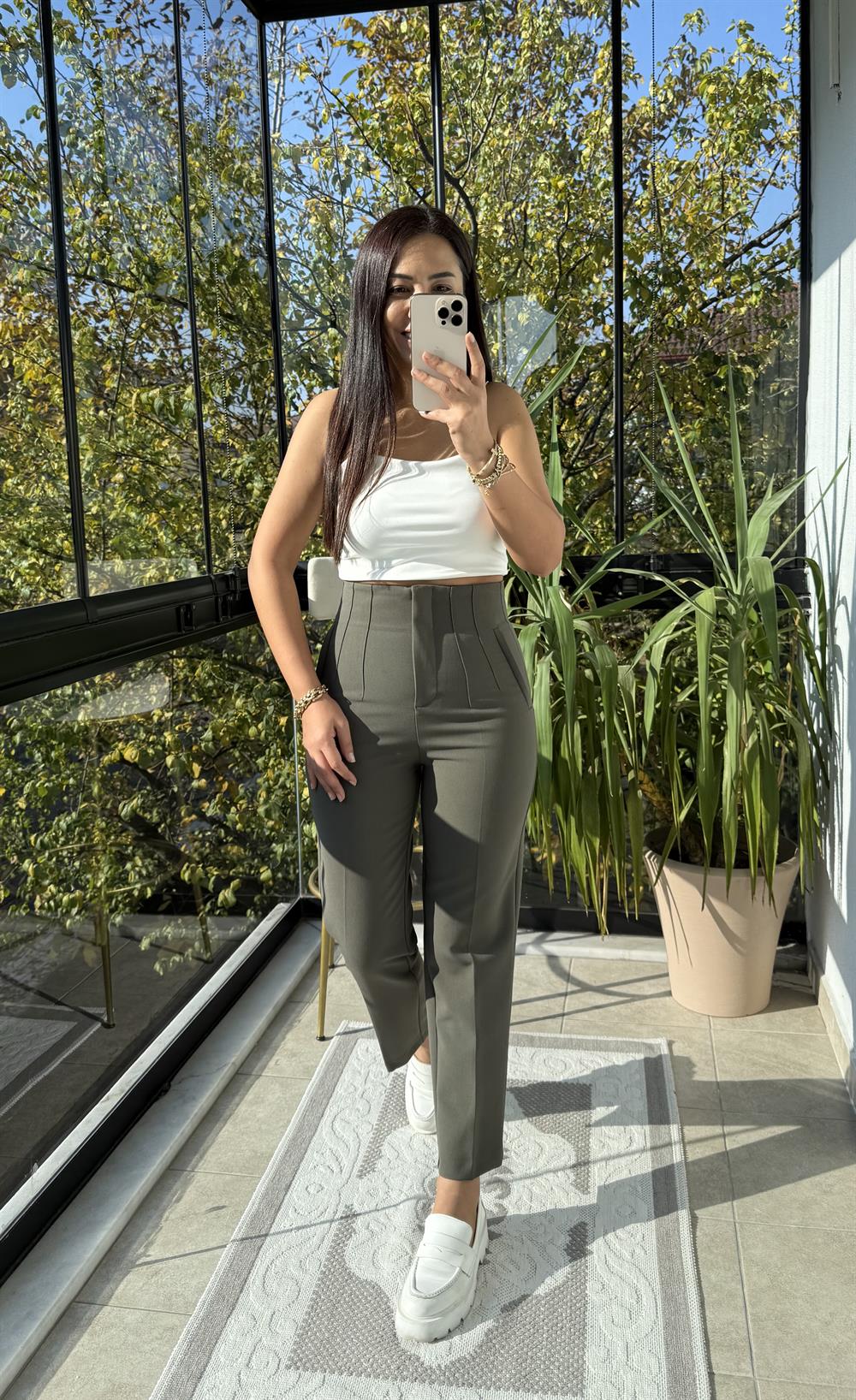 Düğmesiz Zra Model Kumaş Pantolon Haki Yeşili