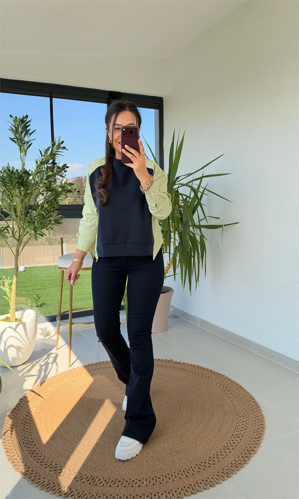 Kolu Ve Arkası Çizgili Poplin Modal Sweatshirt Yeşil
