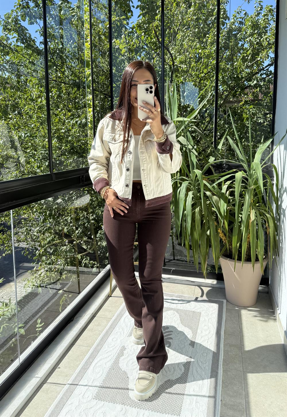 Kadife Detaylı Klasik Kot Ceket Taş