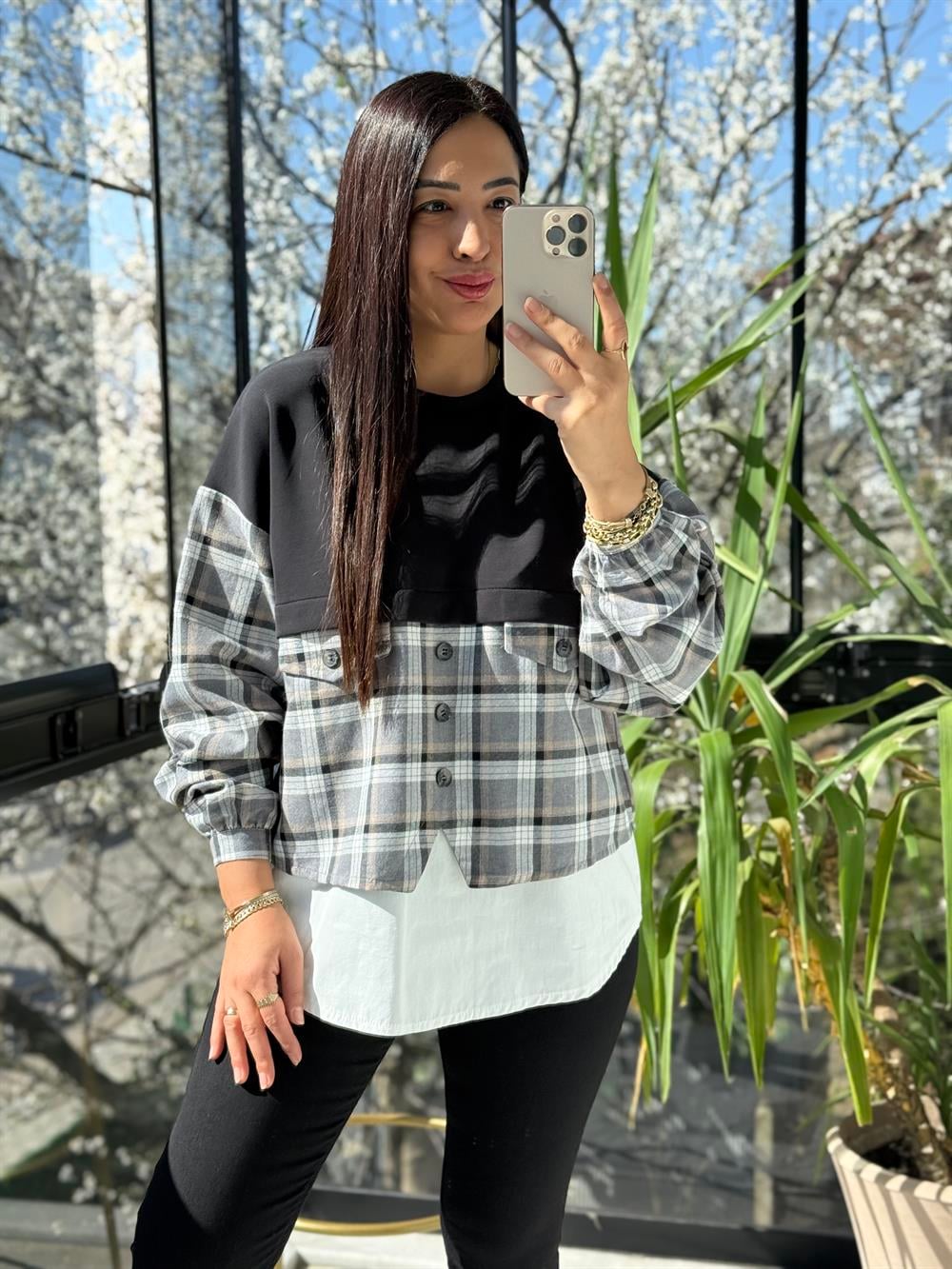 Mix kumaş Sweat Gömlek Siyah