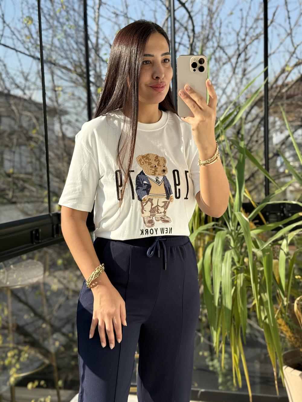 Newyork Yazılı İşlemeli Basic Tişört Beyaz