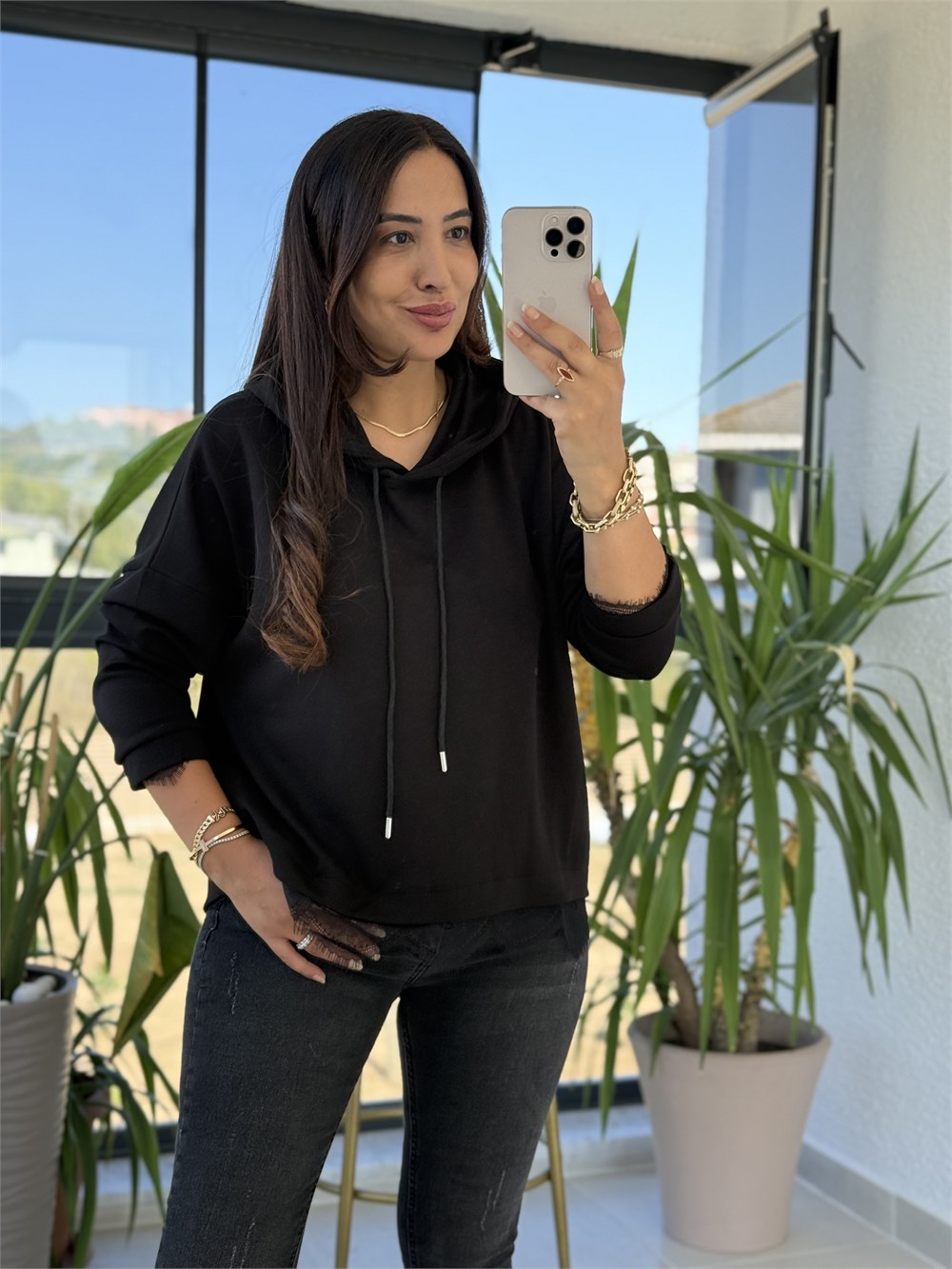 Dantel Detaylı Sweatshirt Siyah