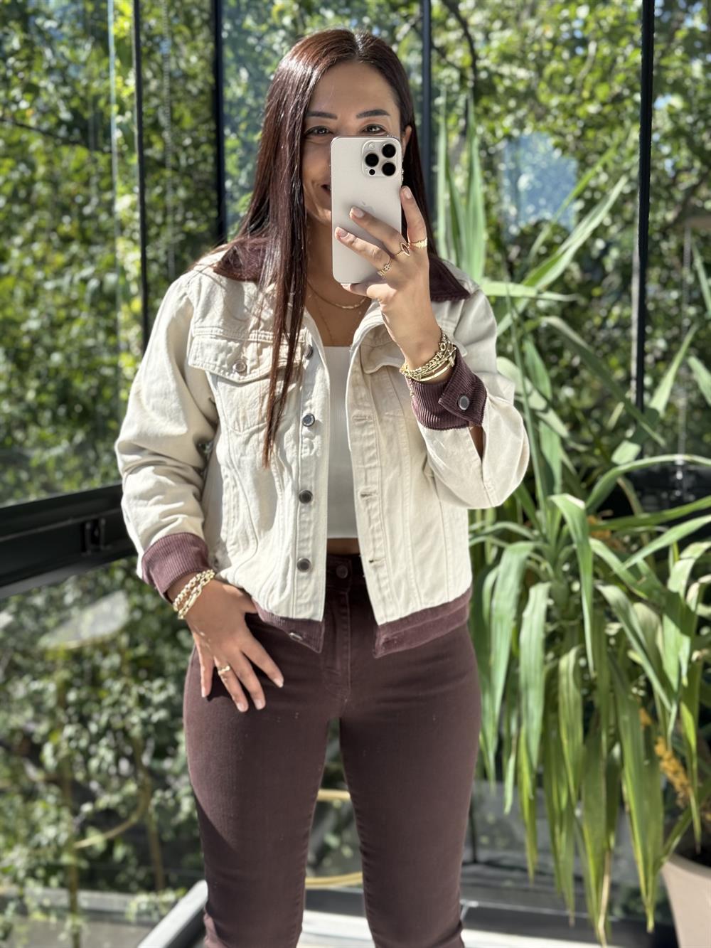 Kadife Detaylı Klasik Kot Ceket Taş