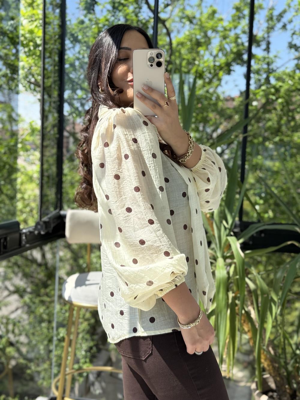 Puantiyeli Bağlamalı Bluz Bej