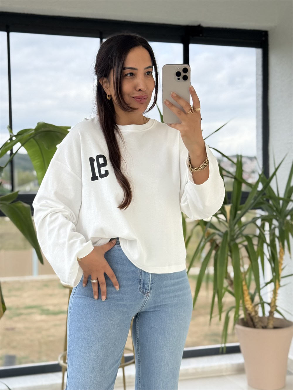 91 Baskılı Basic Sweatshirt Beyaz