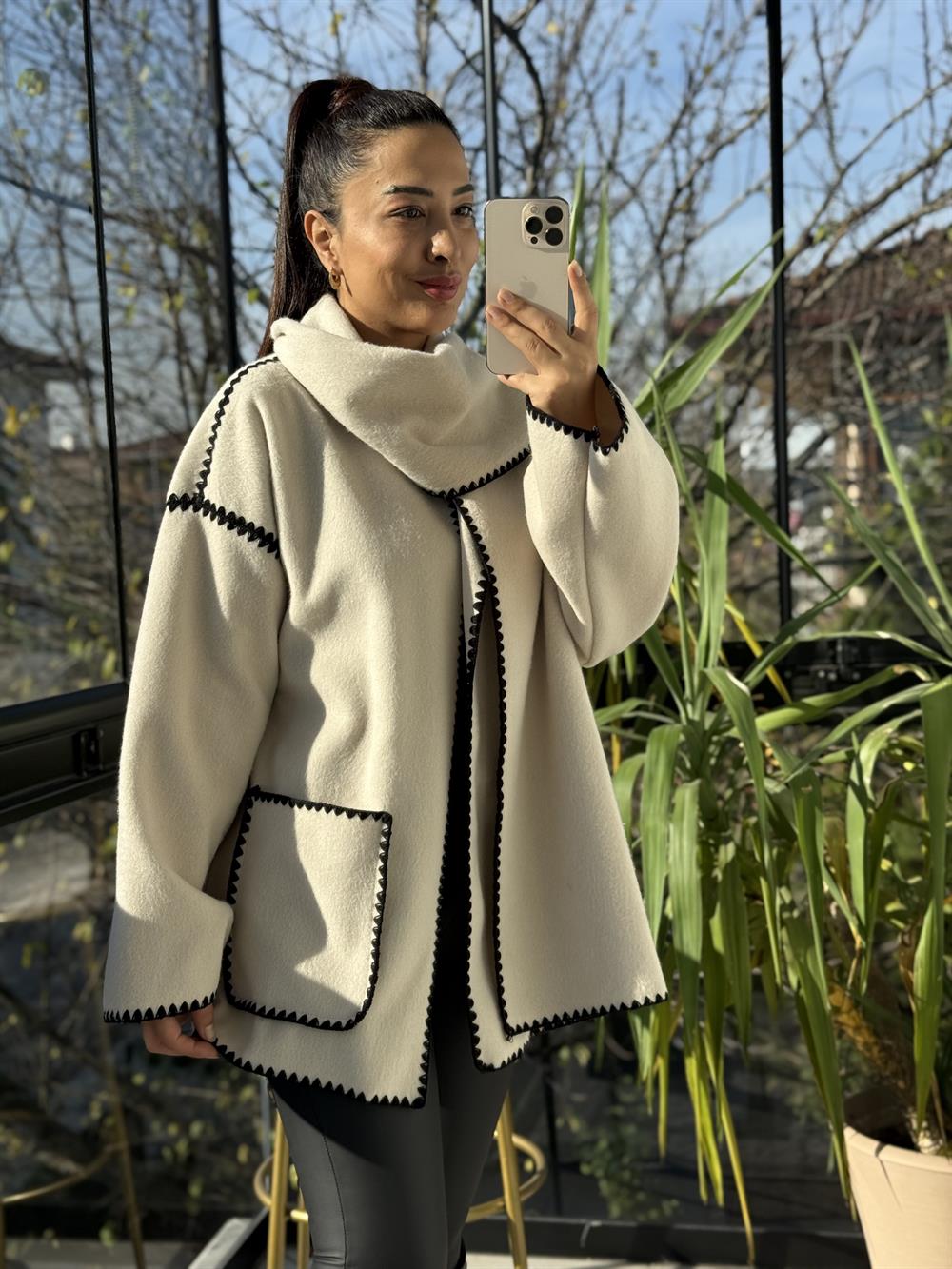 Şal Yaka Kaşe Kimono Ceket Bej