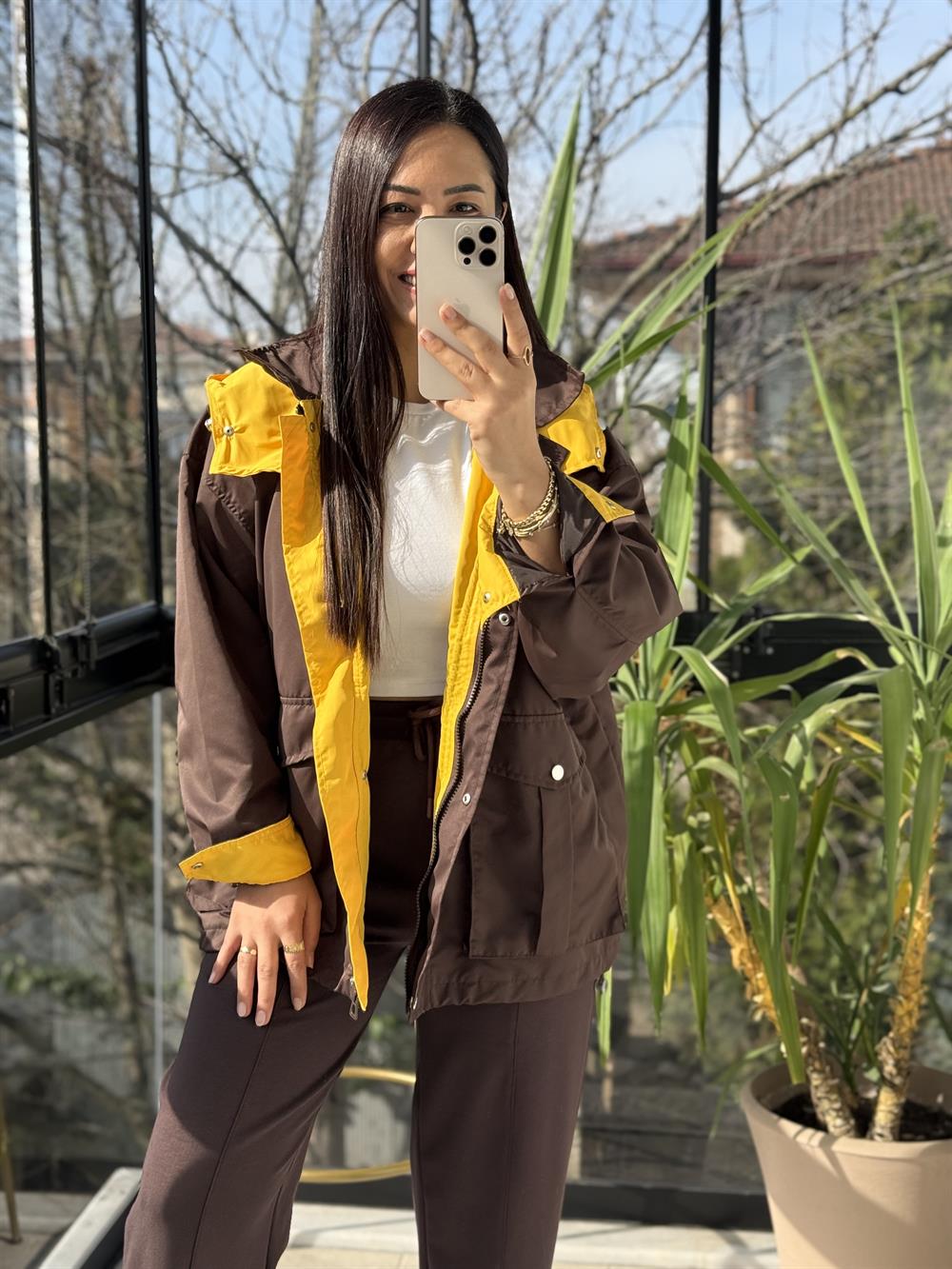 Kontrast Kapüşonlu Yağmurluk Kahve