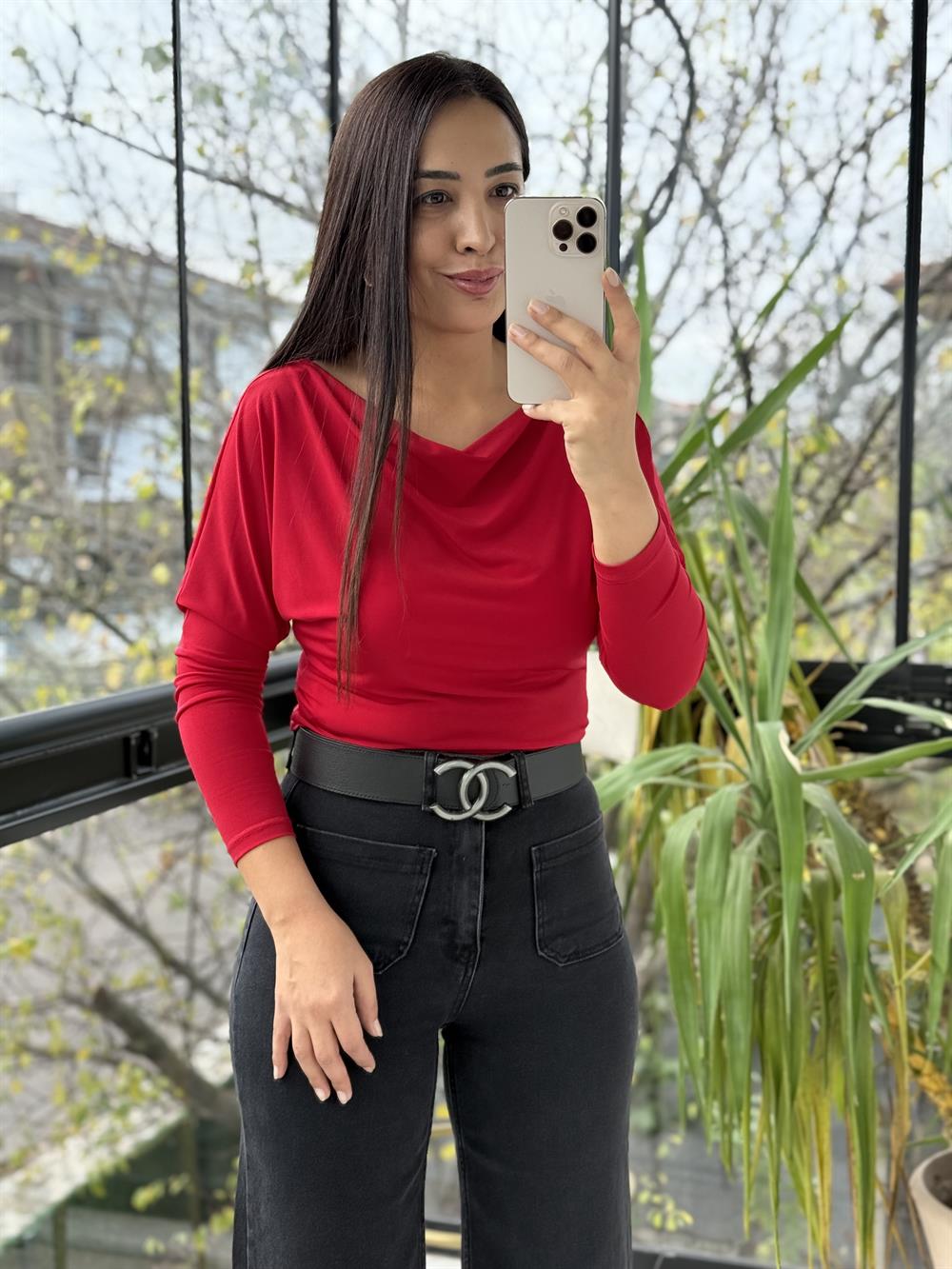 Sandy Kayık Yaka Bluz Kırmızı