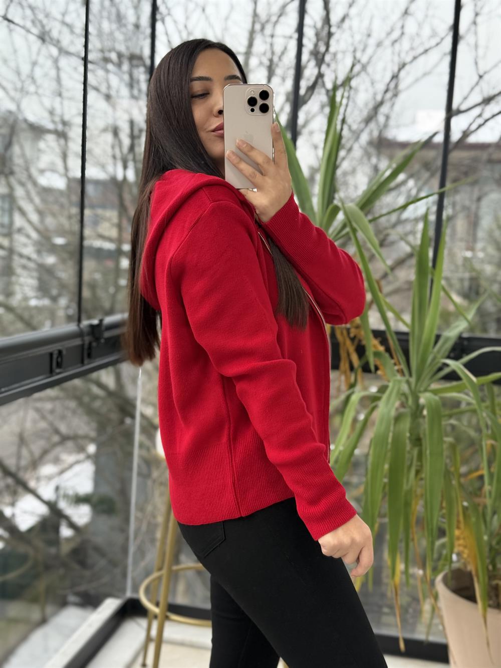 Çift Fermuarlı Kapüşonlu Yumoş Basic Hırka Kırmızı