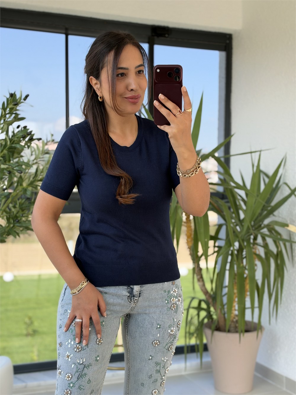 Bisiklet Yaka Kısa Kol Basic Triko Bluz Lacivert