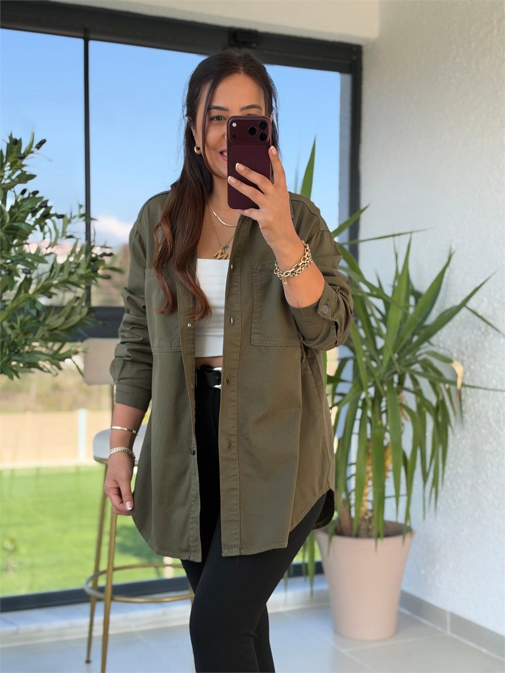 Düğmeli Oversize Gömlek Haki Yeşili