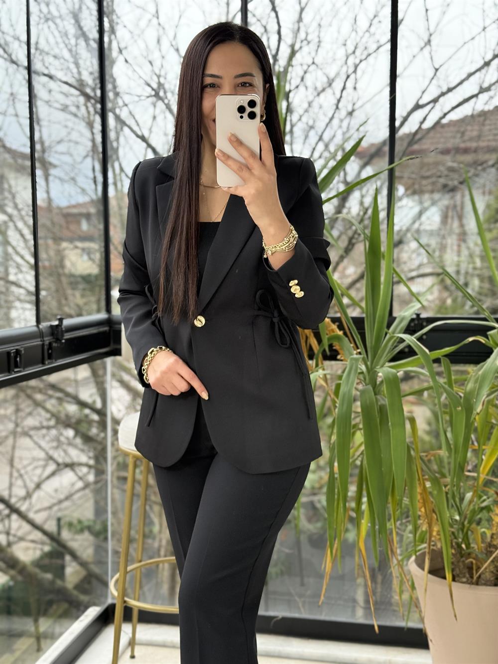 Yanı Bağcıklı Slim Blazer Ceket Siyah