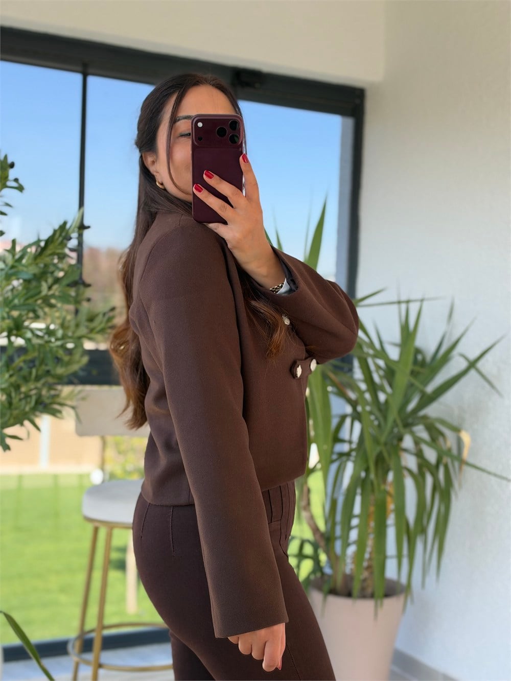 Çapraz Yaka Kaşe Ceket Kahve