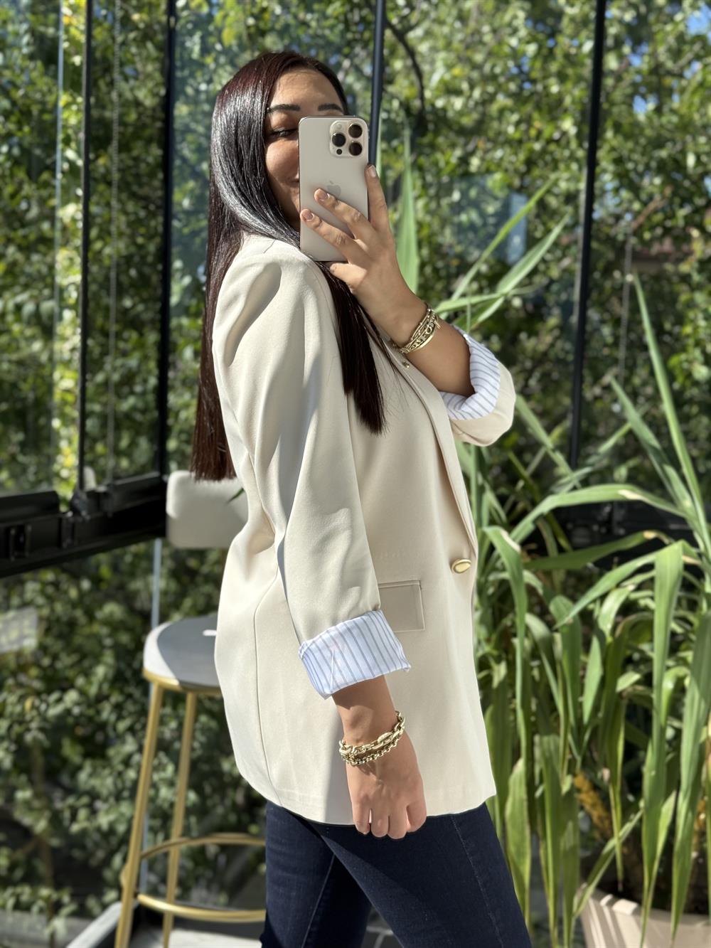 Kol Astarı Garnili Tek Düğme Blazer Ceket Taş