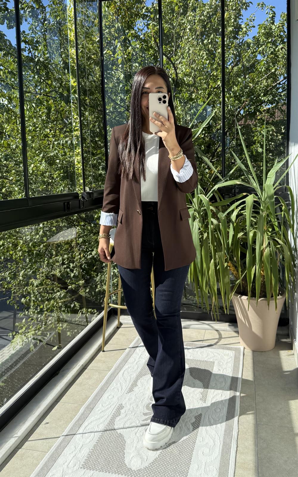 Kol Astarı Garnili Tek Düğme Blazer Ceket Kahve