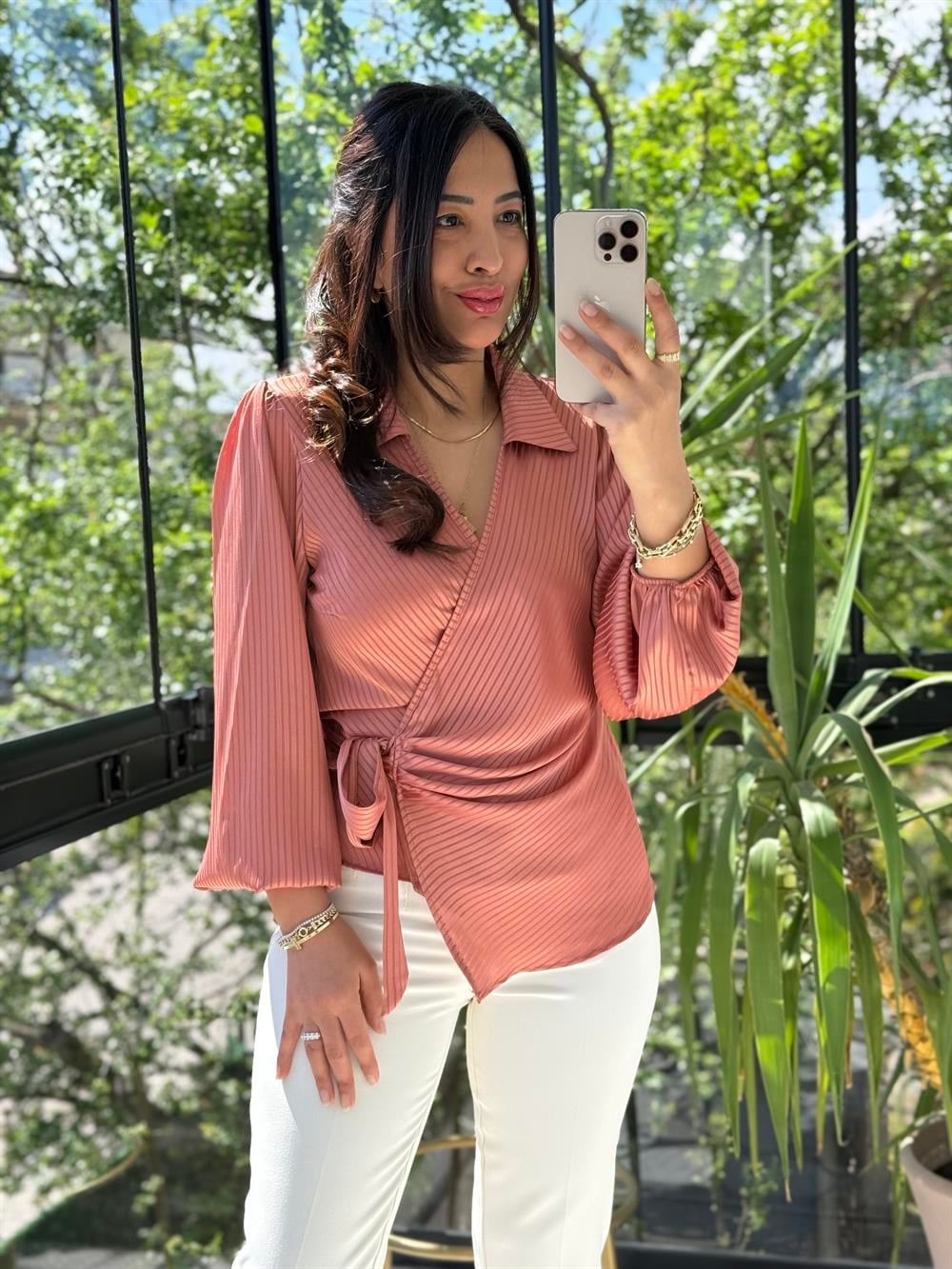 Yan Bağcıklı Yakalı Bluz Kiremit