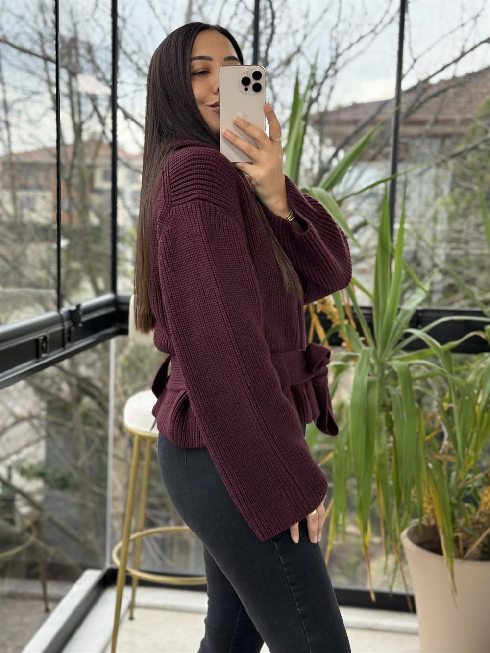 Dilvin Fermuarlı Kemerli Düğmeli Yünlü Triko Hırka Bordo