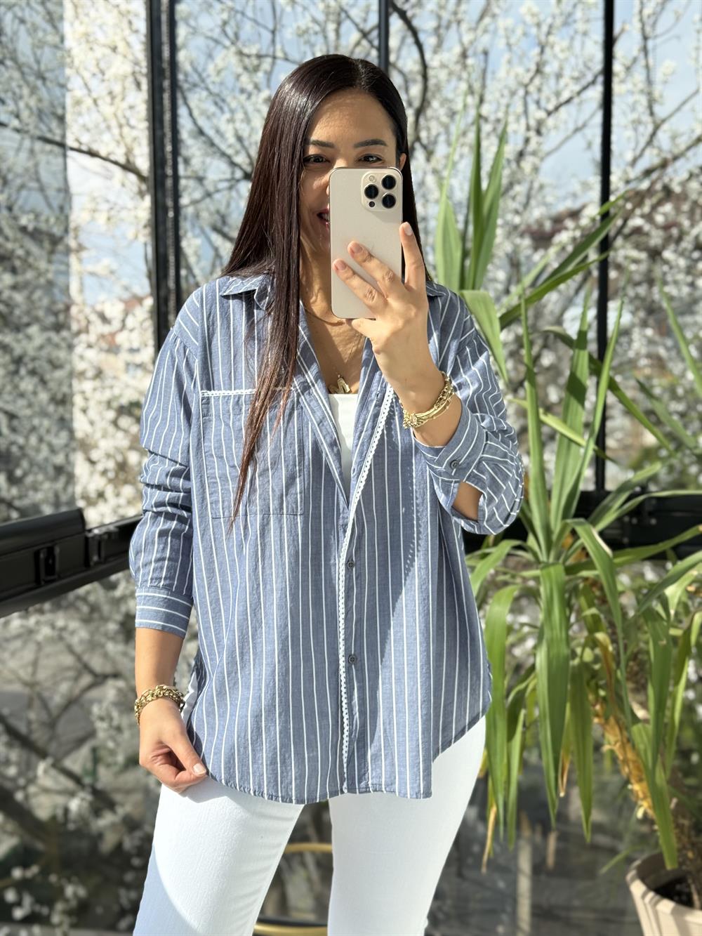 Motif Çizgili Cepli Gömlek Lacivert